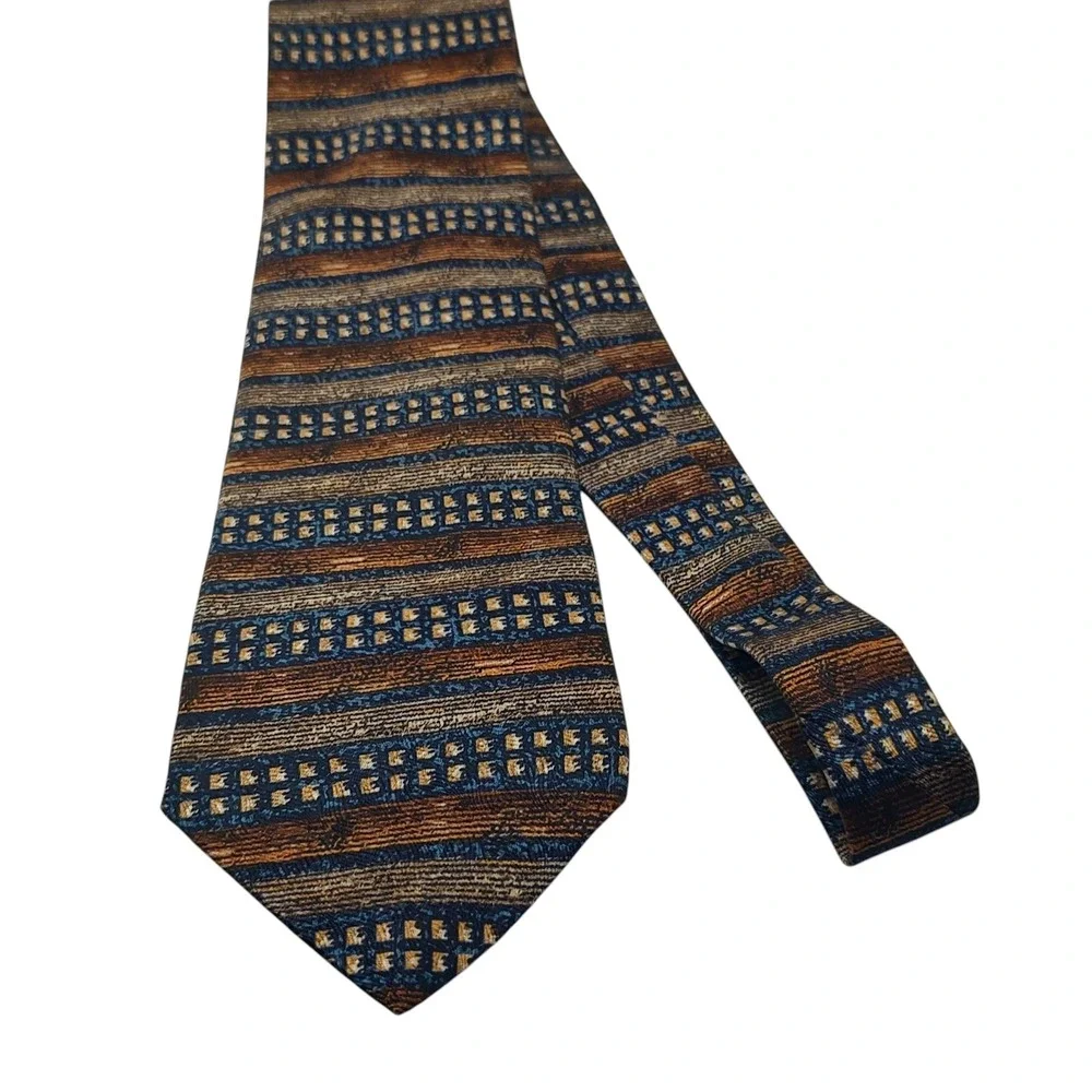 Rasel‎ Silk Tie Brown Blue Gold Geometric Pattern Mens Necktie Made In Turkey